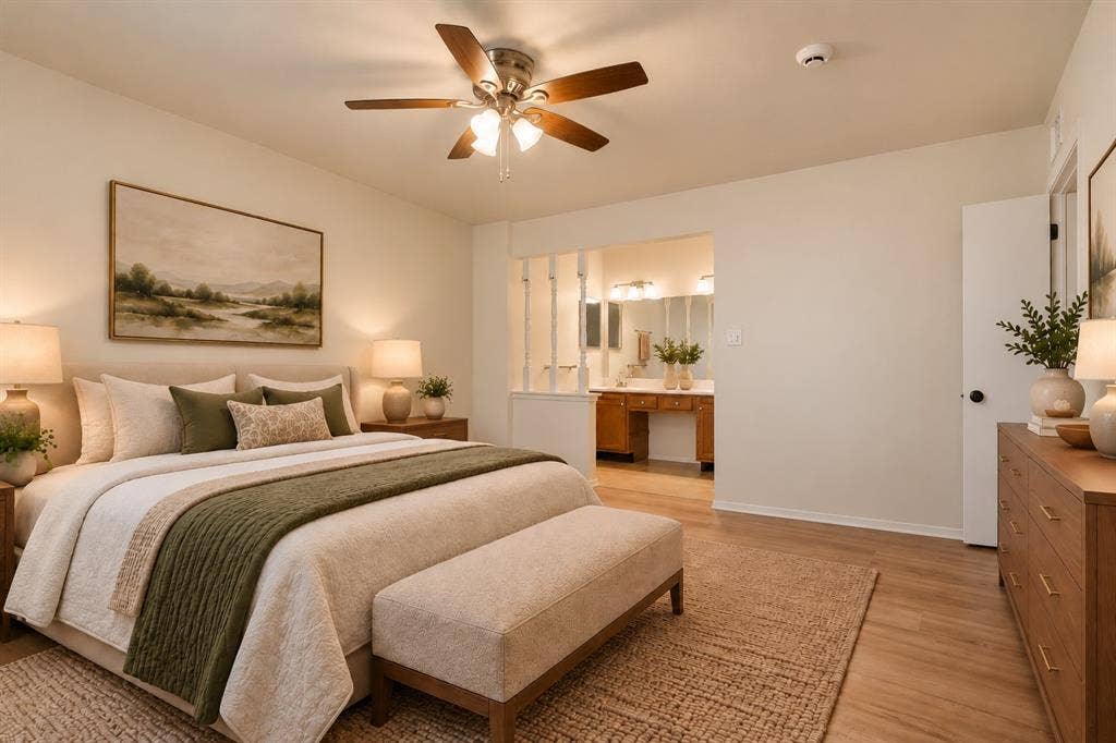 VIRTUAL STAGING,Wood-finish flooring, ceiling fan with integrated lighting, recessed lighting, and an adjacent bathroom with a dual vanity