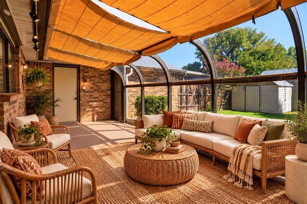 VIRTUAL STAGING, Enclosed patio featuring a brick exterior wall, a track lighting system, an arched glass enclosure, a retractable fabric ceiling, and a woven floor covering