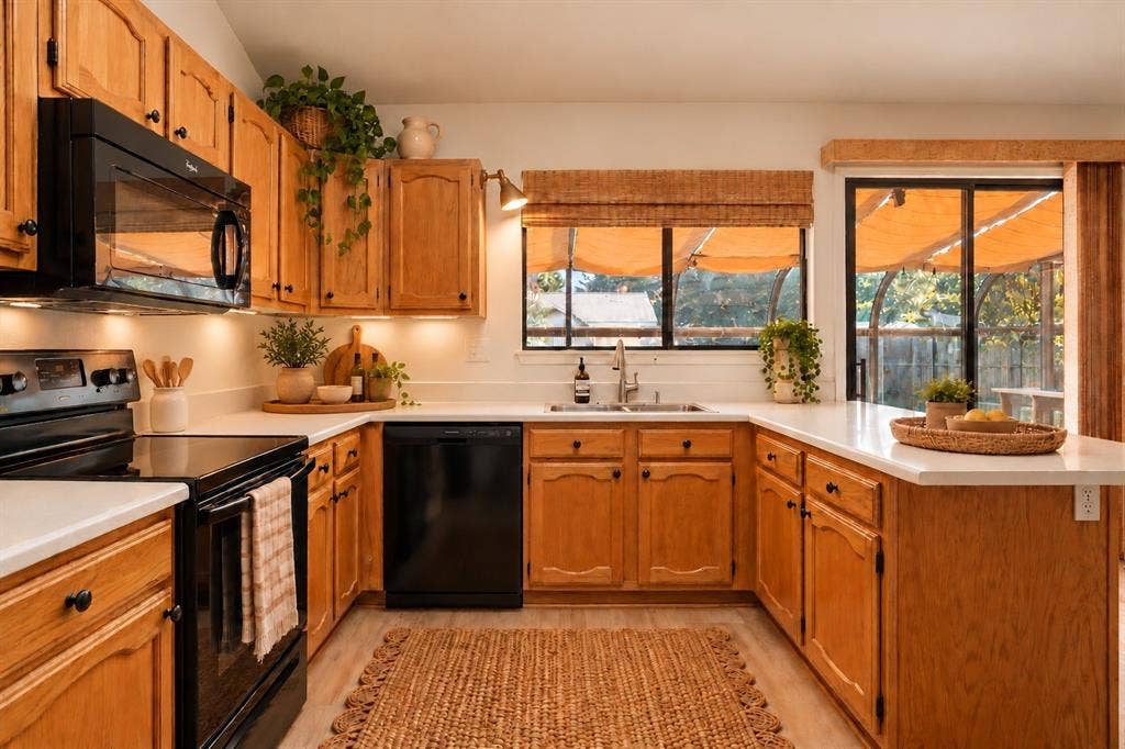 VIRTUAL STAGING, U-shaped kitchen featuring wood cabinetry, white countertops, a black range, a black built-in microwave, and a black dishwasher