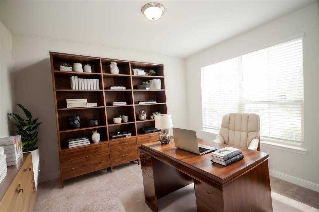 1021 Gillespie Drive, Fort Worth, TX 76247 Built-in shelving unit, broad window with blinds, recessed lighting fixture, and carpeted flooring