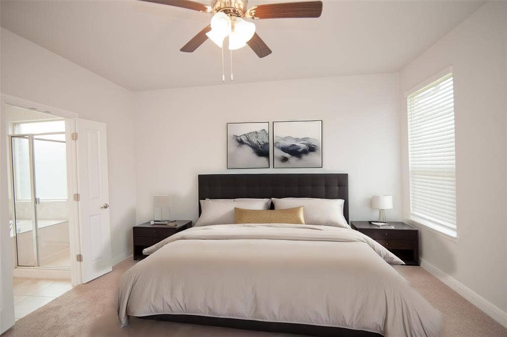 1021 Gillespie Drive, Fort Worth, TX 76247 Carpeted flooring with a built-in ceiling fan, window with blinds, and white interior doors