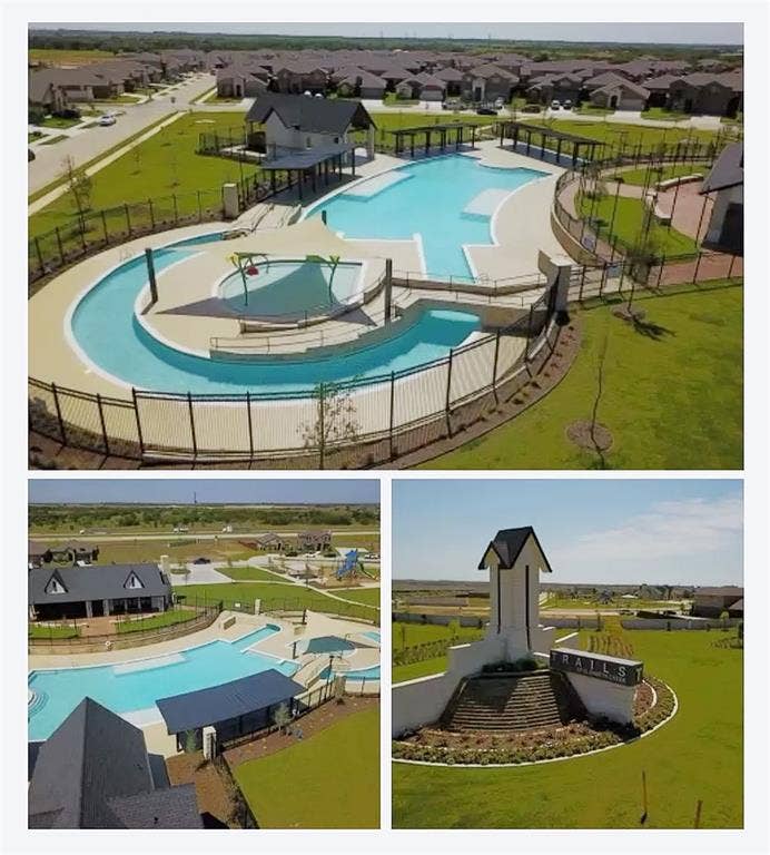 1021 Gillespie Drive, Fort Worth, TX 76247 Community Amenity Overview. Depicting recreational facilities and the entrance signage for the property
