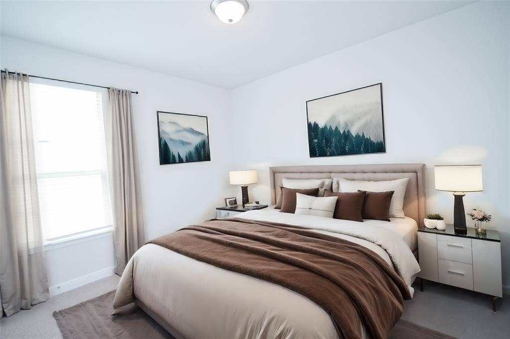 1021 Gillespie Drive, Fort Worth, TX 76247 Recessed lighting, large window, carpeted flooring, upholstered headboard, ceiling-mounted light fixture