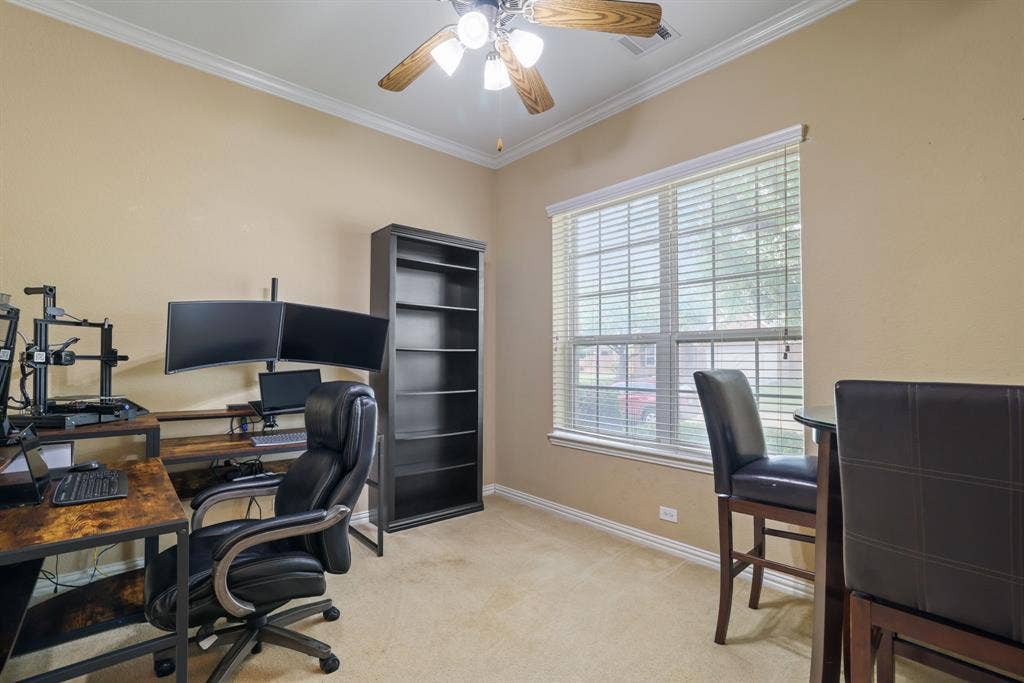 1213 Egret Court, Little Elm, TX 75068 Crown molding, ceiling fan with light fixture, window with blinds, and carpeting