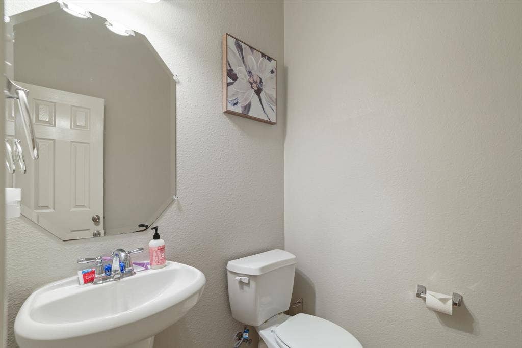1213 Egret Court, Little Elm, TX 75068 Pedestal sink with chrome faucet, octagonal wall mirror, and a white toilet