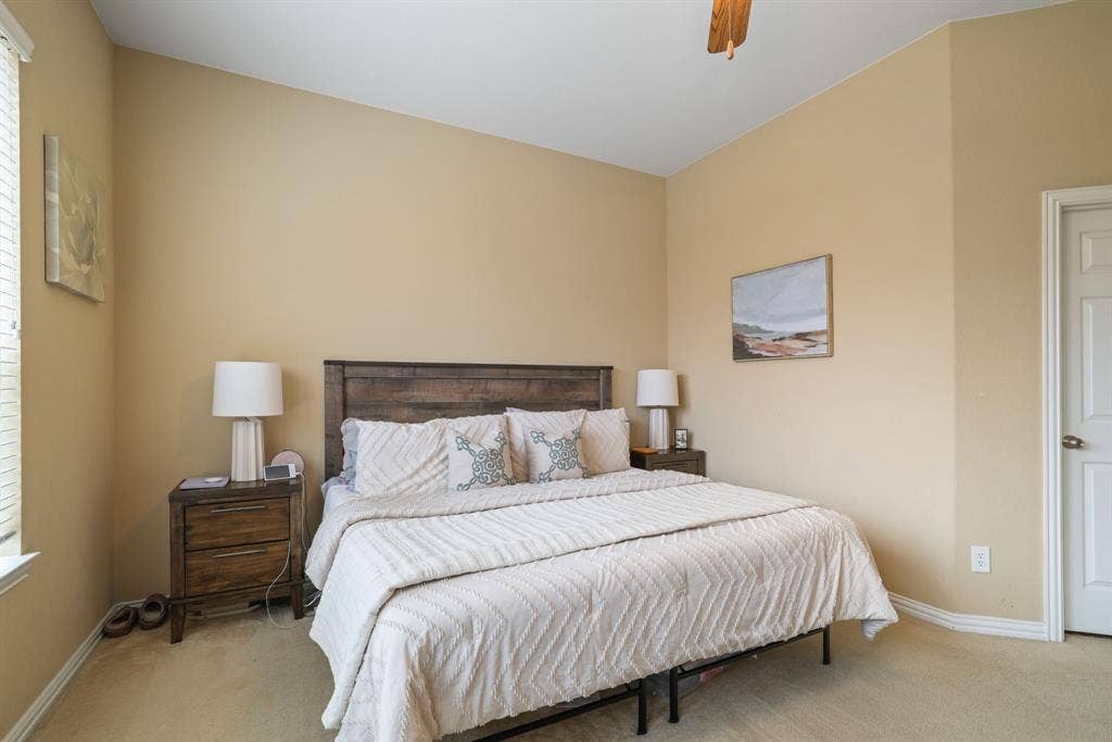 1213 Egret Court, Little Elm, TX 75068 Room featuring neutral tone walls, carpet flooring, a ceiling fan, and a paneled door