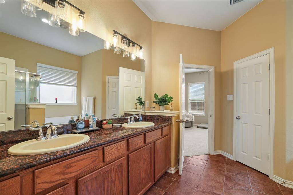 1213 Egret Court, Little Elm, TX 75068 Dual vanity with a stone-finish countertop, wood-finish cabinetry, and individual basin sinks