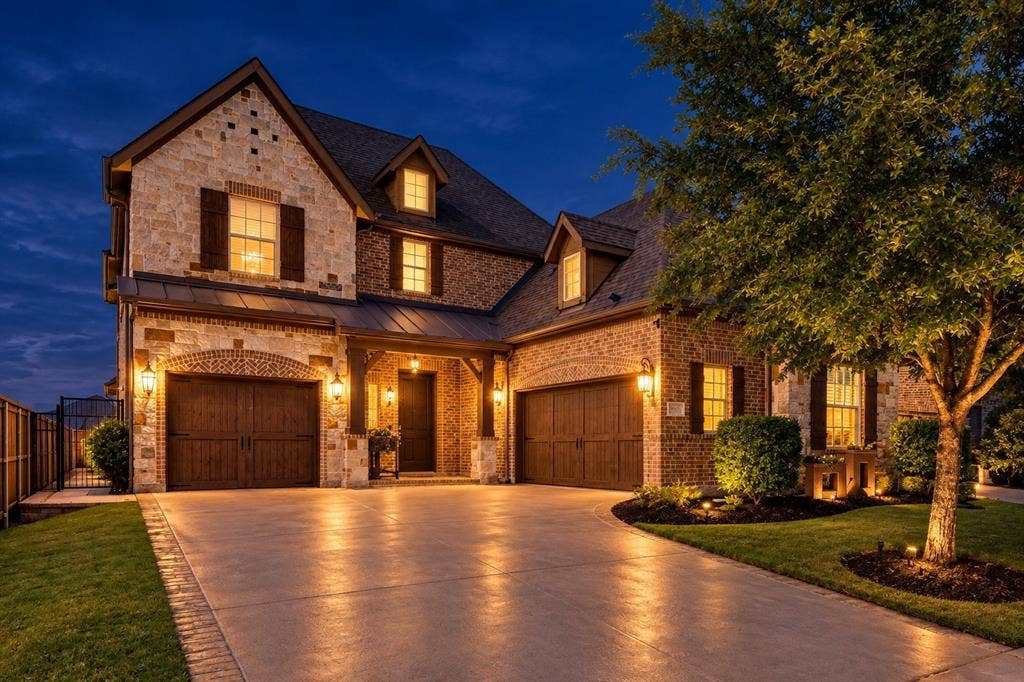 2721 Old Shire Path Road, Prosper, TX 75078 Stone and brick exterior with covered entry, an arched two-car garage, and established landscaping