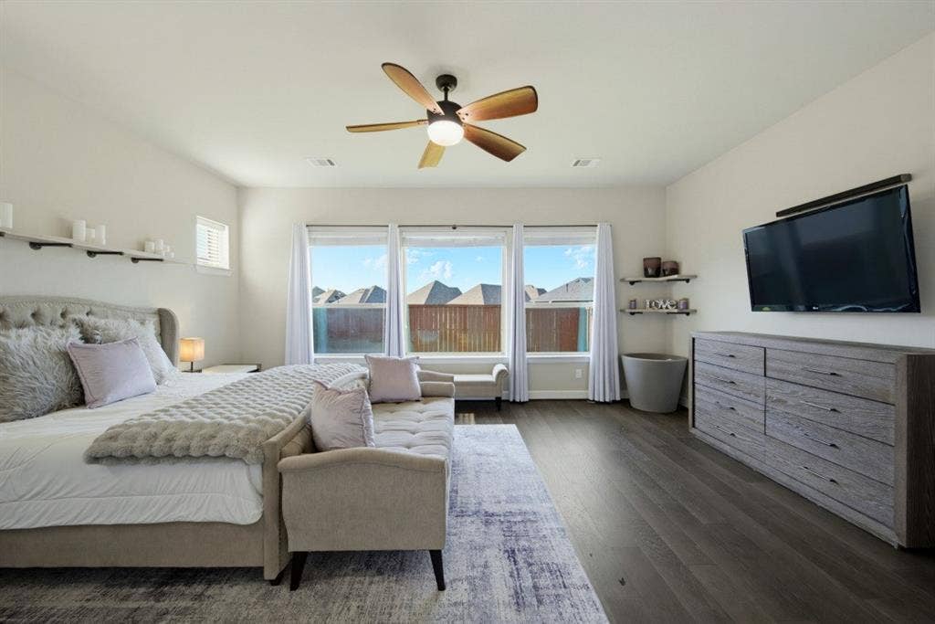 2721 Old Shire Path Road, Prosper, TX 75078 Wood-finish flooring, an overhead ceiling fan, and three large windows
