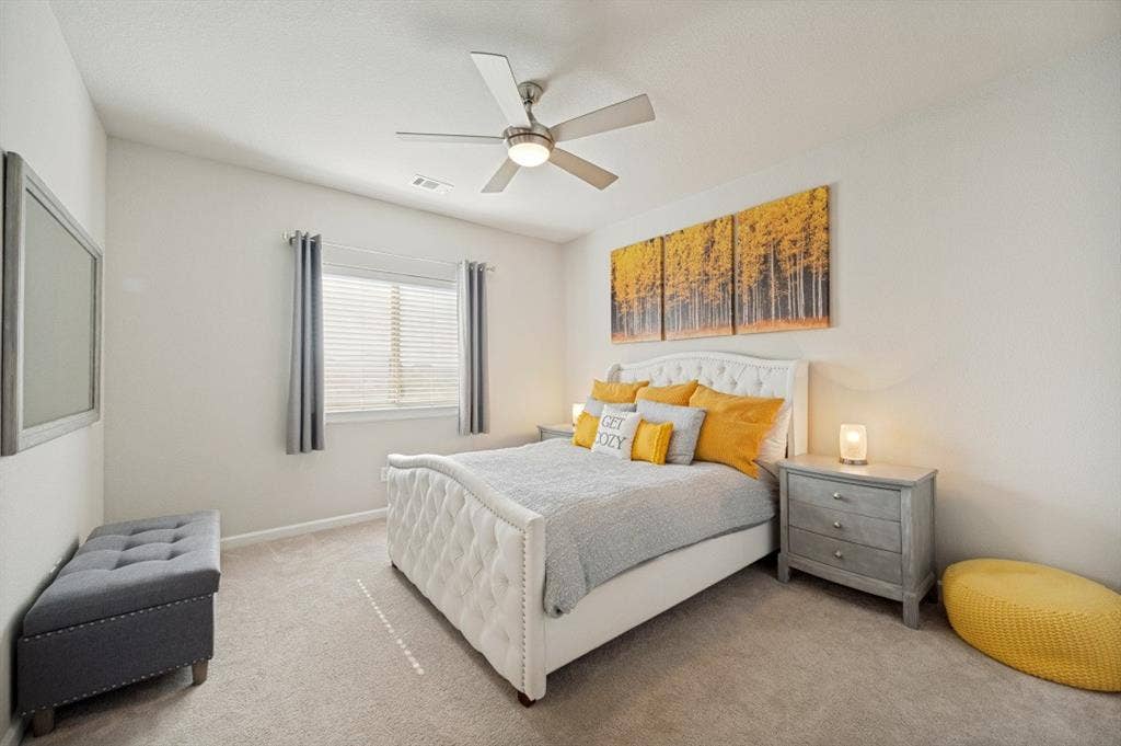 2721 Old Shire Path Road, Prosper, TX 75078 Recessed lighting, ceiling fan, carpeting, and a window with blinds
