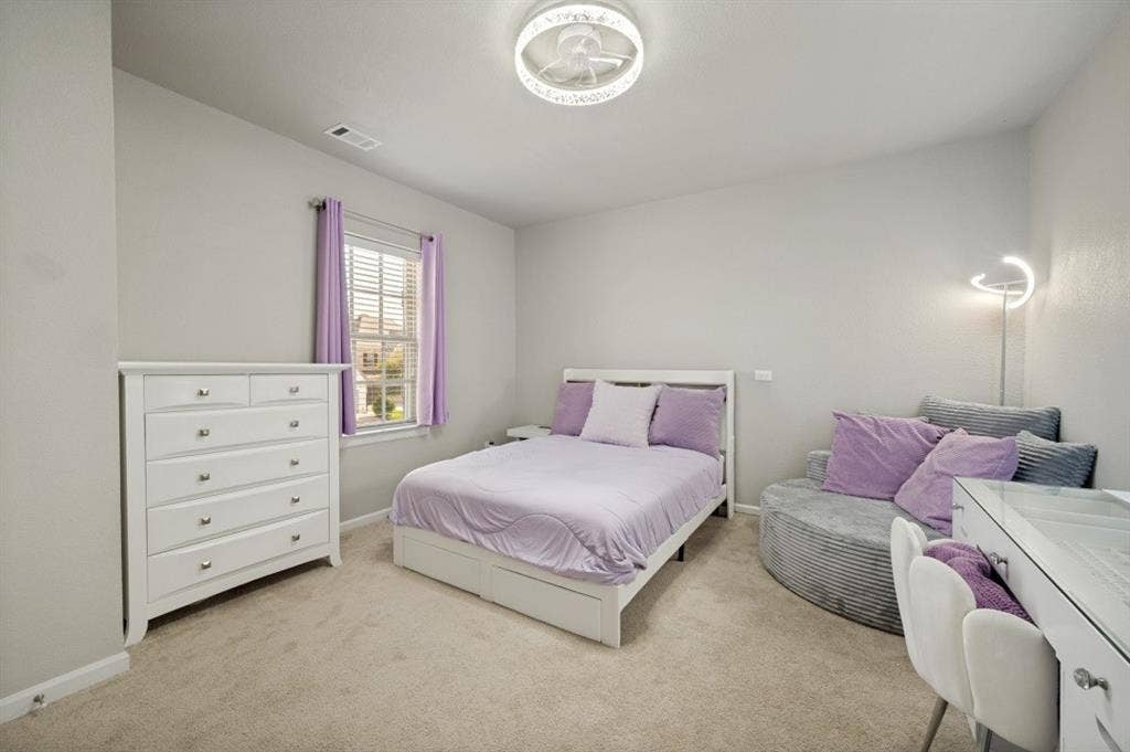 2721 Old Shire Path Road, Prosper, TX 75078 Wall-to-wall carpeting with a ceiling fan light fixture