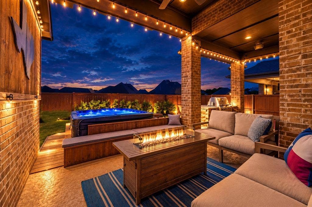 2721 Old Shire Path Road, Prosper, TX 75078 Covered patio featuring a built-in fire table, brick columns, and string lighting
