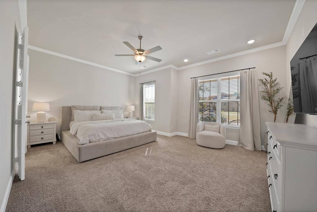 1837 Averi Lane, Farmers Branch, TX 75234 Recessed lighting, crown molding, ceiling fan, and carpeted flooring