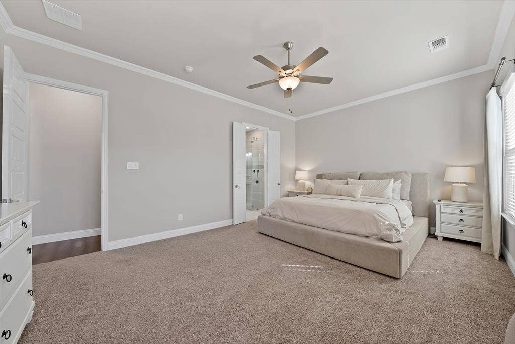 1837 Averi Lane, Farmers Branch, TX 75234 Carpeted flooring, vaulted ceiling, and crown molding