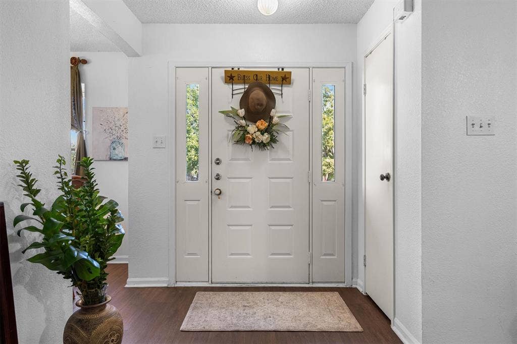 Front entry featuring a paneled door with glass sidelights, wood-finish flooring, and a flush mount ceiling light