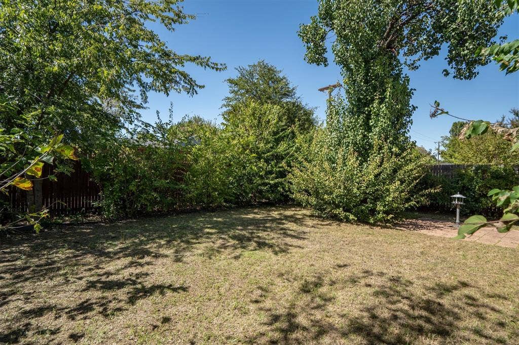 Expansive lawn area surrounded by mature trees and established shrubs