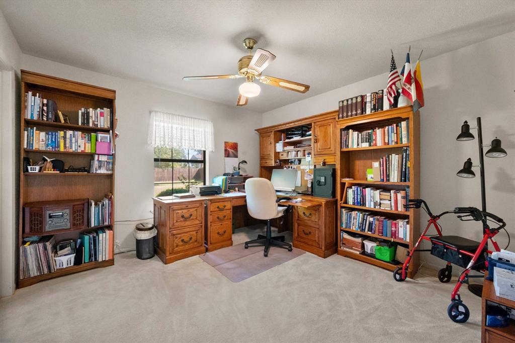 5203 Thunderbird Trail, De Cordova, TX 76049 Built-in wood-finish cabinetry, wood-finish shelving, overhead ceiling fan, and window with natural light