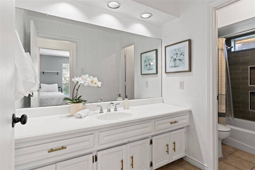 841 Villa Ridge Drive, Garland, TX 75043 White vanity with brass hardware, undermount sink, and expansive wall-mounted mirror