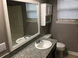 Granite-finish countertop with an integrated sink, framed wall mirror, built-in wall cabinet, and a window with blinds