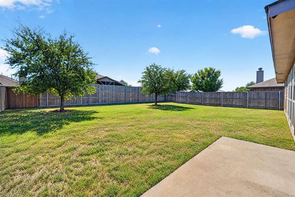 1048 Mercury Drive, Lavon, TX 75166 Expansive backyard featuring a privacy fence, two mature trees, and a concrete patio