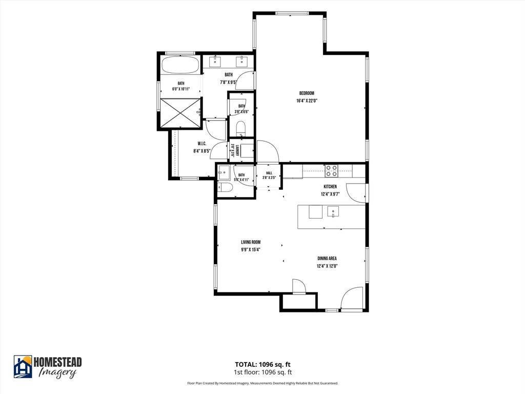 Casita - floorplan with dimensions, 1-bedroom, 1-full bath, laundry, open floor plan living area