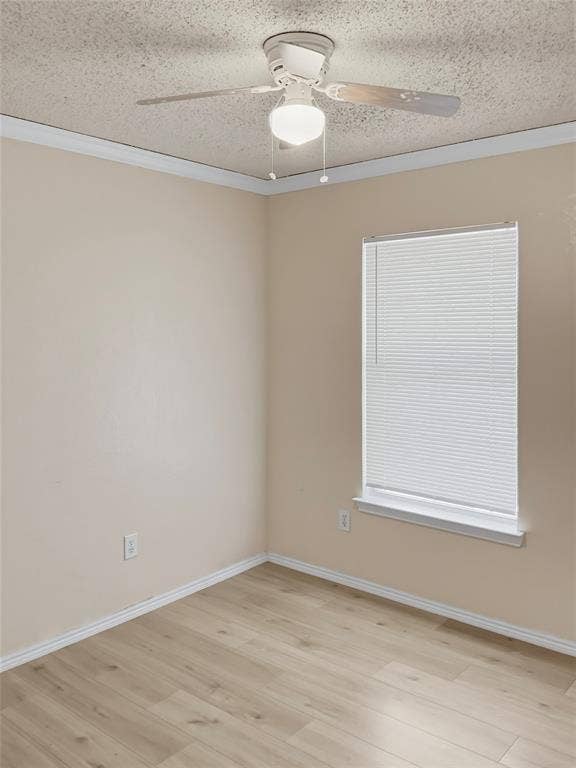 Wood-finish flooring, white window blinds, and a ceiling fan with integrated lighting