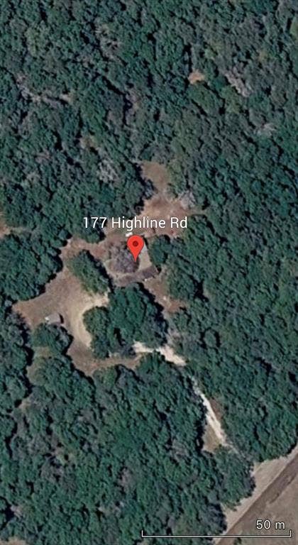 177 Highline Road, Valley Mills, TX 76689 Aerial Property Survey. Satellite imagery depicting the location and site boundaries of the property at the specified address with a 50-meter scale reference