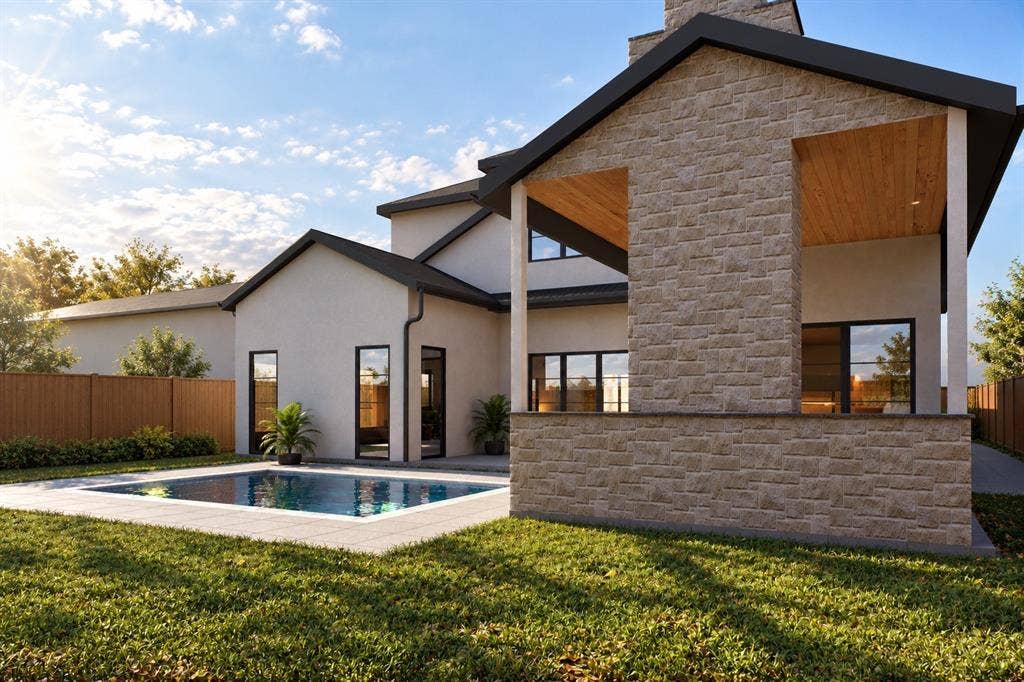 6307 Martel Avenue, Dallas, TX 75214 Contemporary exterior featuring a stone-clad fireplace, covered patio with wood-paneled ceiling, in-ground swimming pool, and wood privacy fencing