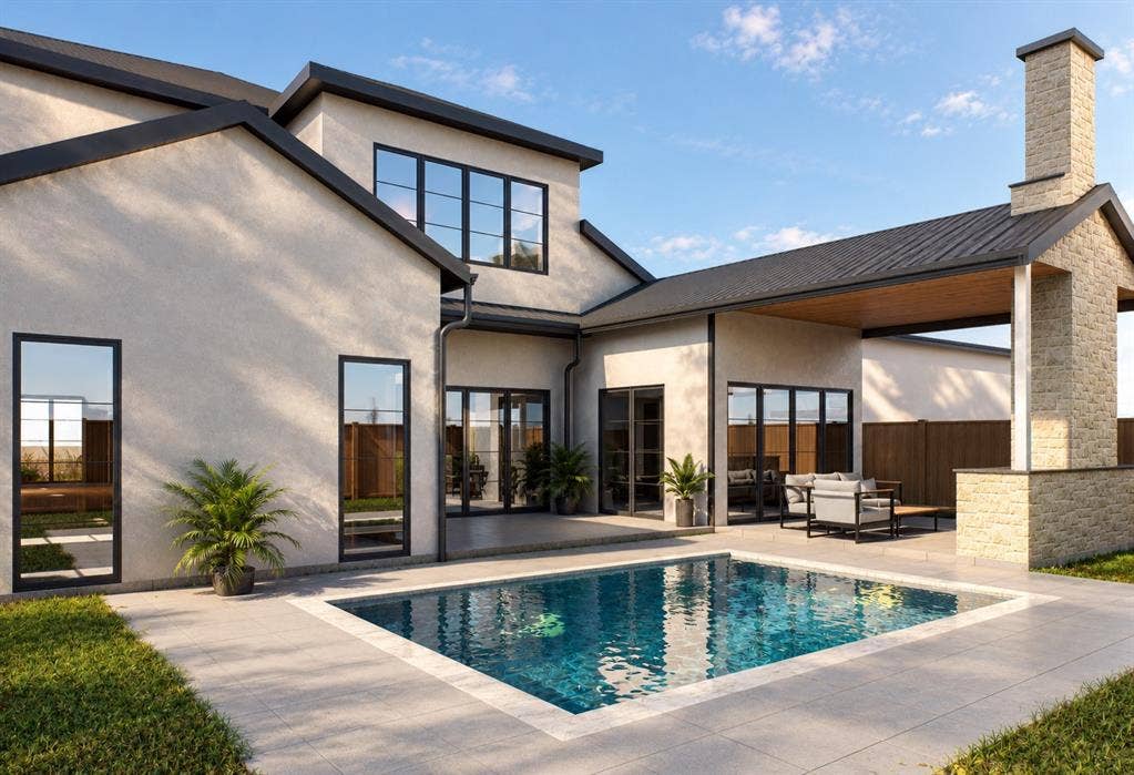 6307 Martel Avenue, Dallas, TX 75214 Exterior featuring a stucco facade, covered patio, stone chimney, in-ground swimming pool, and black-trimmed oversized windows