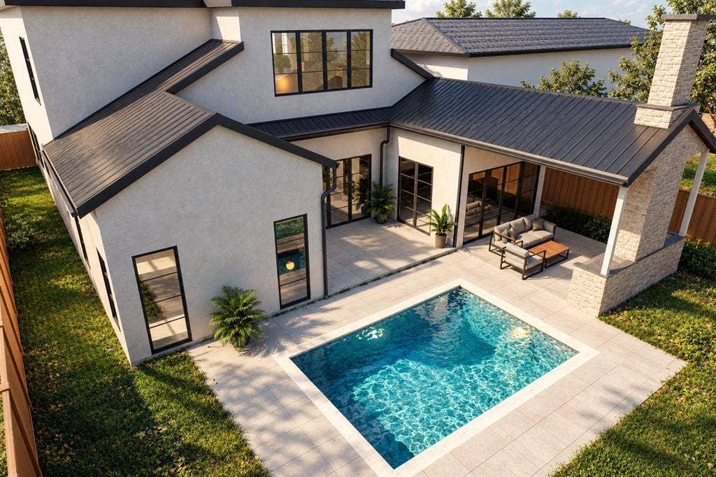 6307 Martel Avenue, Dallas, TX 75214 Modern stucco exterior featuring a metal roof, an in-ground swimming pool, a stone chimney, and a concrete patio