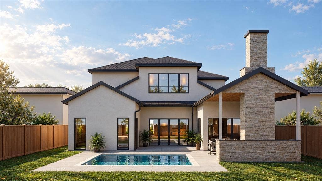 6307 Martel Avenue, Dallas, TX 75214 Exterior featuring a stucco facade, covered patio with an integrated stone-clad fireplace, in-ground swimming pool, tiled pool deck, and wood-style perimeter fencing