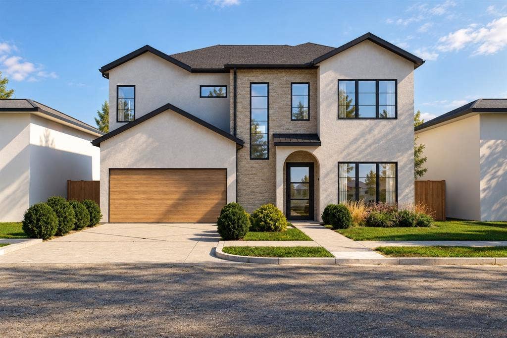 6307 Martel Avenue, Dallas, TX 75214 Two-story exterior featuring a light-toned stucco facade, masonry stone veneer accents, multi-pane windows with black trim, a wood-finish garage door, and an arched entryway