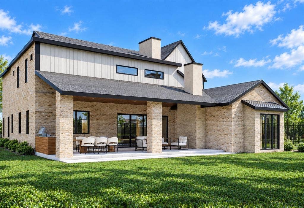 145 Stafford Drive, Heath, TX 75032 Exterior featuring a light brick facade, board-and-batten siding, covered patio with masonry pillars, built-in outdoor kitchen, and shingle roof