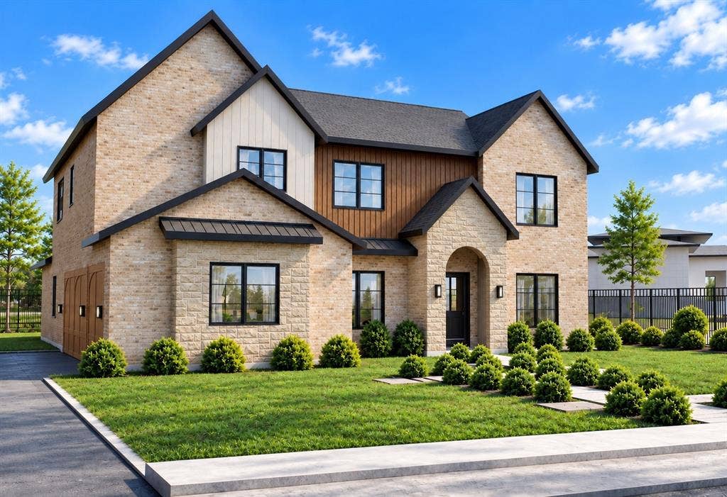 145 Stafford Drive, Heath, TX 75032 Two-story exterior featuring a stone facade, board-and-batten siding, vertical wood-finish siding accents, a dark metal roof detail, and an arched entryway