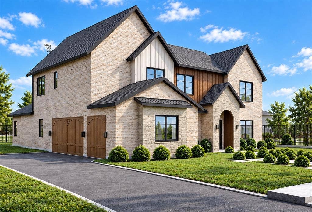 145 Stafford Drive, Heath, TX 75032 Two-story brick exterior featuring vertical board-and-batten siding accents, dark-framed windows, an arched entryway, and an attached multi-car garage
