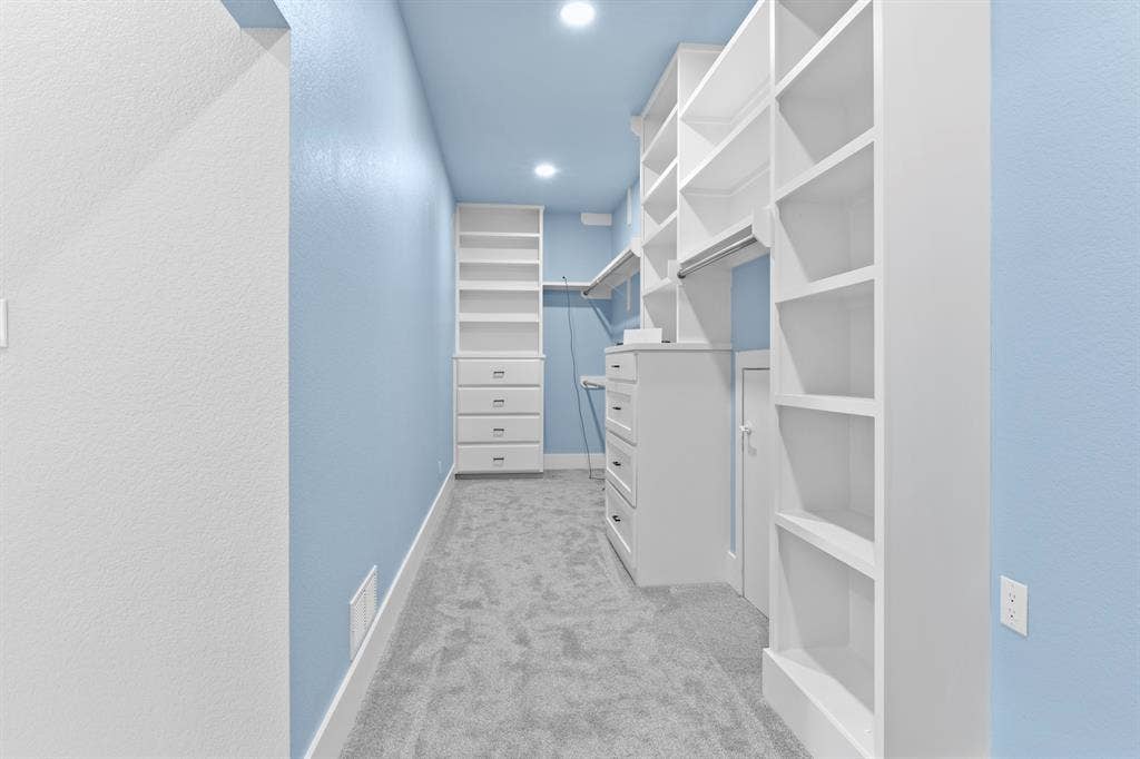 18630 Eastside Road, Troup, TX 75789 Built-in shelving, integrated drawers, recessed lighting, and carpet flooring within a spacious closet
