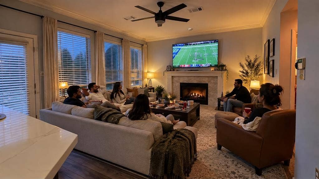 308 Riverwalk Lane, Irving, TX 75063 Living area with a ceiling fan, recessed lighting, and a fireplace with a stone surround