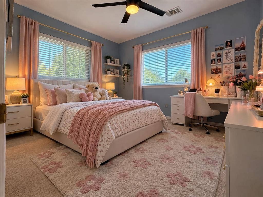 308 Riverwalk Lane, Irving, TX 75063 Carpeted room featuring two windows with blinds, a ceiling fan, and built-in wall shelving