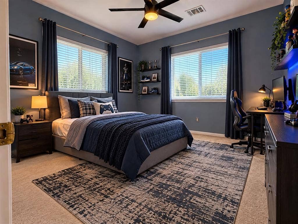 308 Riverwalk Lane, Irving, TX 75063 Carpeted flooring, two windows with blinds, ceiling fan with integrated lighting, built-in shelving, and a dark wood-finish desk