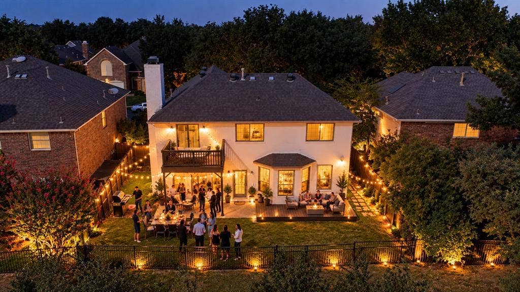 308 Riverwalk Lane, Irving, TX 75063 Expansive backyard with a manicured lawn, multi-level deck, and integrated patio spaces