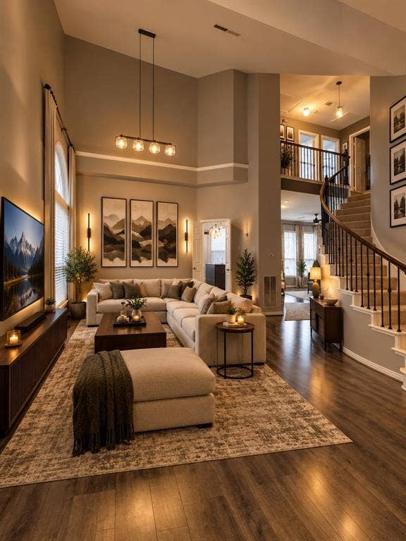 308 Riverwalk Lane, Irving, TX 75063 Two-story living area featuring a vaulted ceiling with a linear chandelier, wood-finish flooring, and an open staircase with dark metal balusters