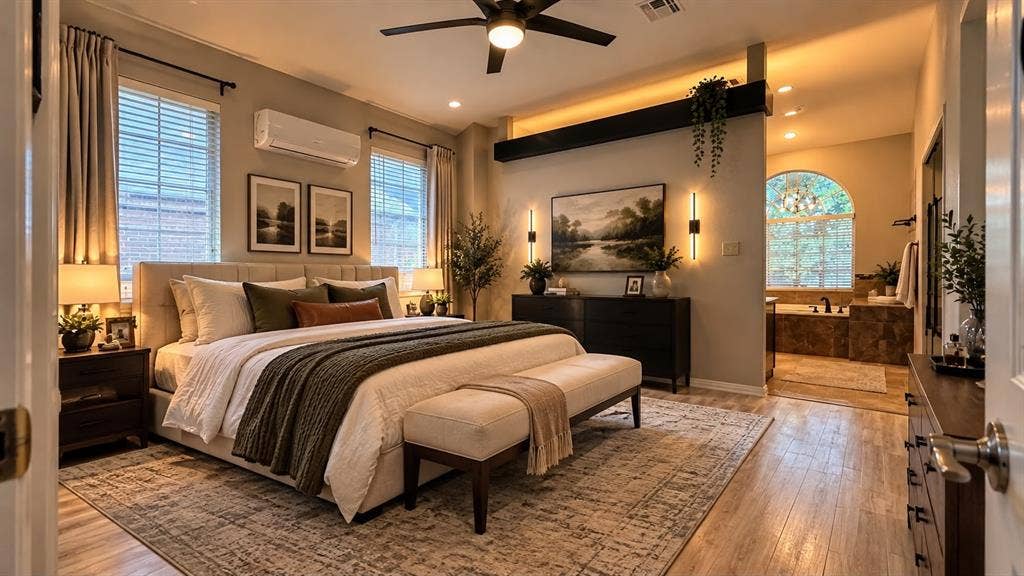 308 Riverwalk Lane, Irving, TX 75063 Recessed lighting, wood-finish flooring, ceiling fan, built-in tub with tile surround, and an arched window