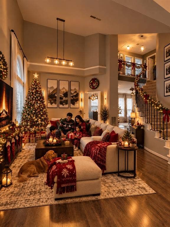 308 Riverwalk Lane, Irving, TX 75063 Spacious living area featuring wood-finish flooring, a two-story ceiling, and a prominent staircase with dark iron balusters