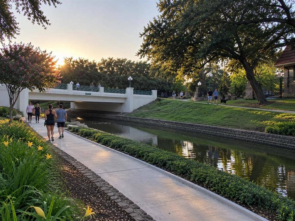 308 Riverwalk Lane, Irving, TX 75063 Concrete pathway bordered by dense foliage, a reflective waterway, and a distant pedestrian bridge