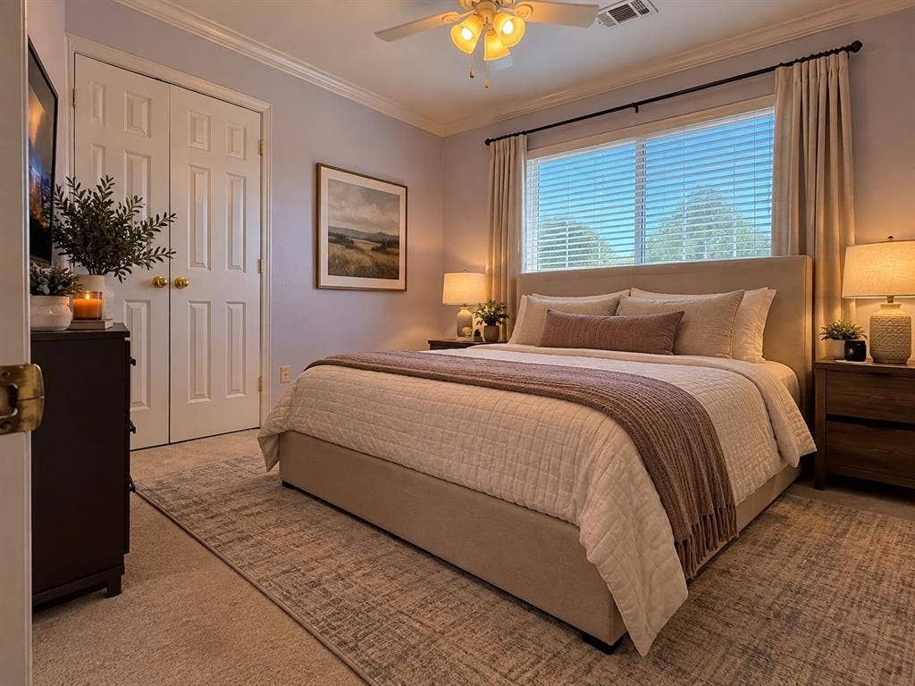 308 Riverwalk Lane, Irving, TX 75063 Large window with horizontal blinds and drapery panels