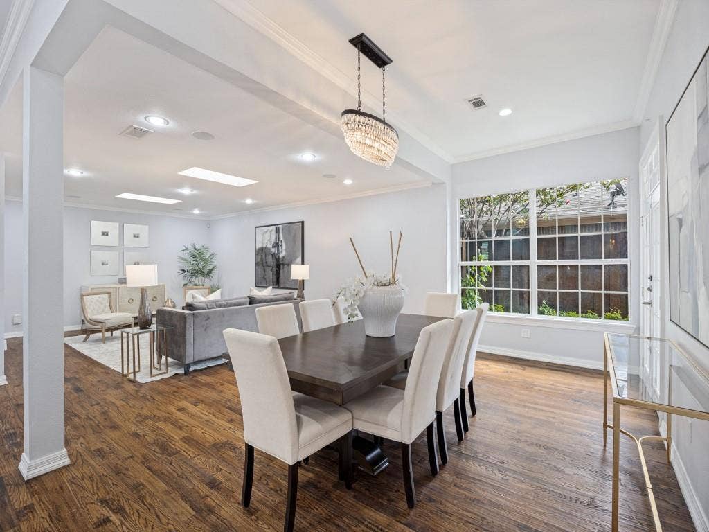 5718 Trail Meadow Drive, Dallas, TX 75230 Dining and living share one open, light-filled space