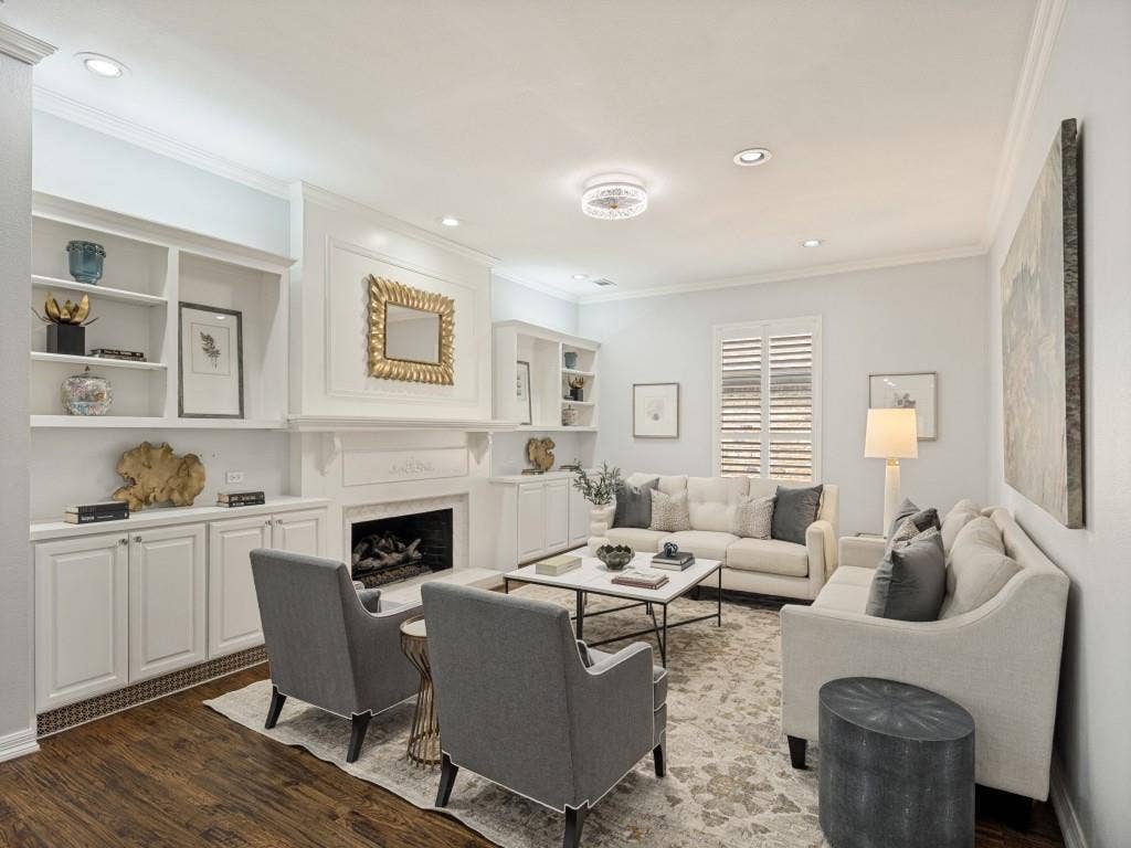 5718 Trail Meadow Drive, Dallas, TX 75230 Den with gas-log fireplace flanked by custom built-ins