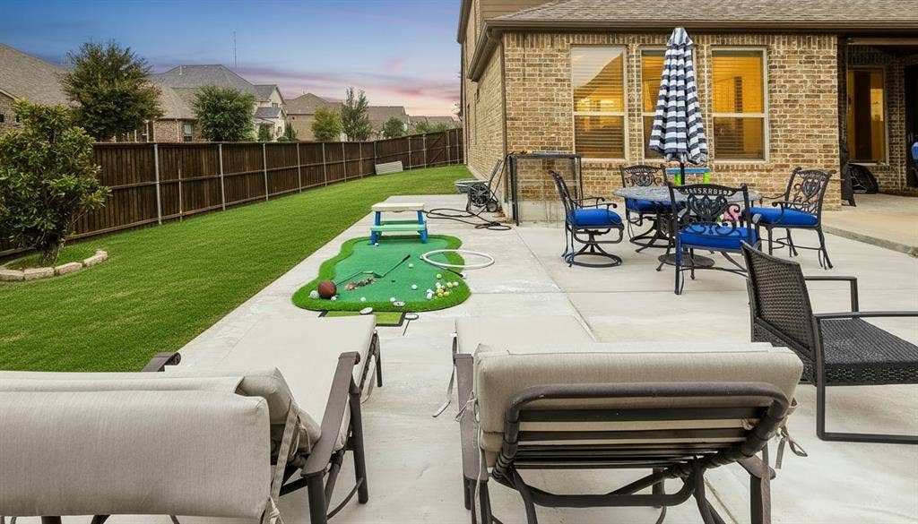 Spacious concrete patio featuring a brick exterior facade, manicured lawn, and wood-panel privacy fencing