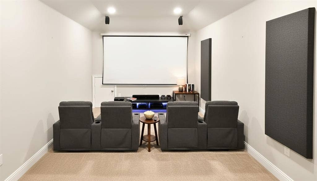 Virtually Staged-Media room featuring wall-mounted acoustic panels, recessed lighting, and wall-to-wall carpeting
