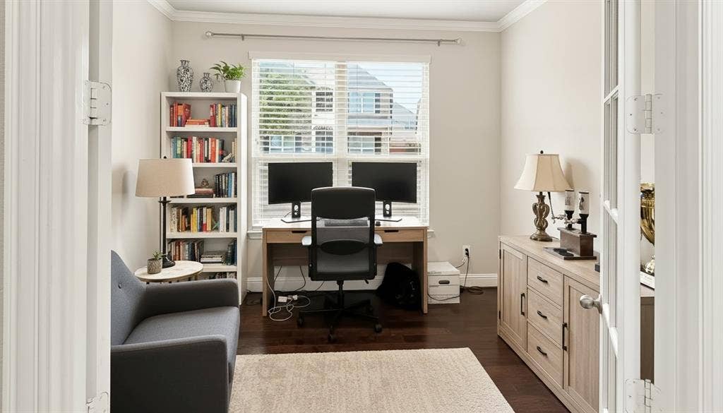 Room featuring dark wood-finish flooring, double glass-paneled entry doors, crown molding, and a central window with slatted blinds